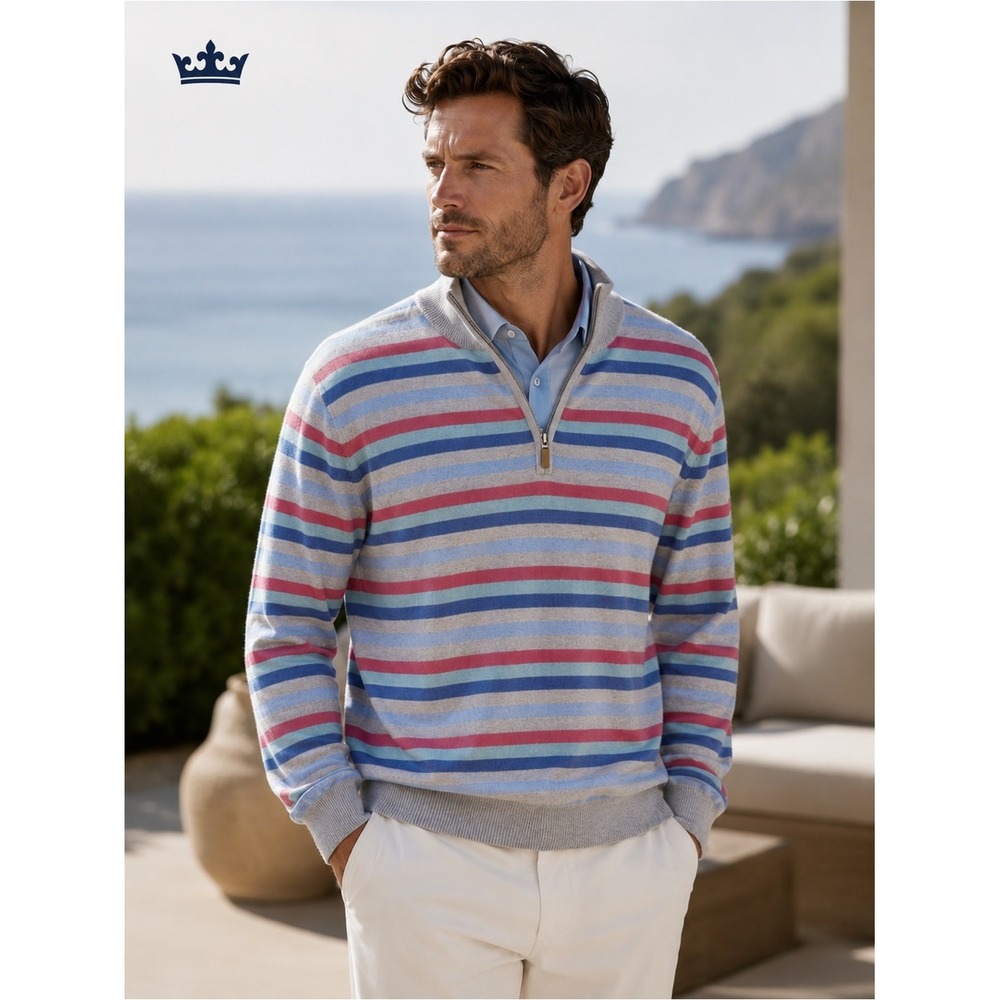 PETER MILLAR SILK CASHMERE PIMA COTTON Size M Striped‎ 1/4 Zip Pullover Sweater